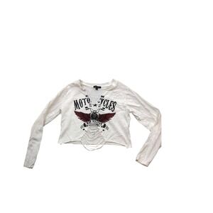 Ruby & Lace White Motorcycle Graphic Shredded Crop Top Long Sleeve Womens Medium